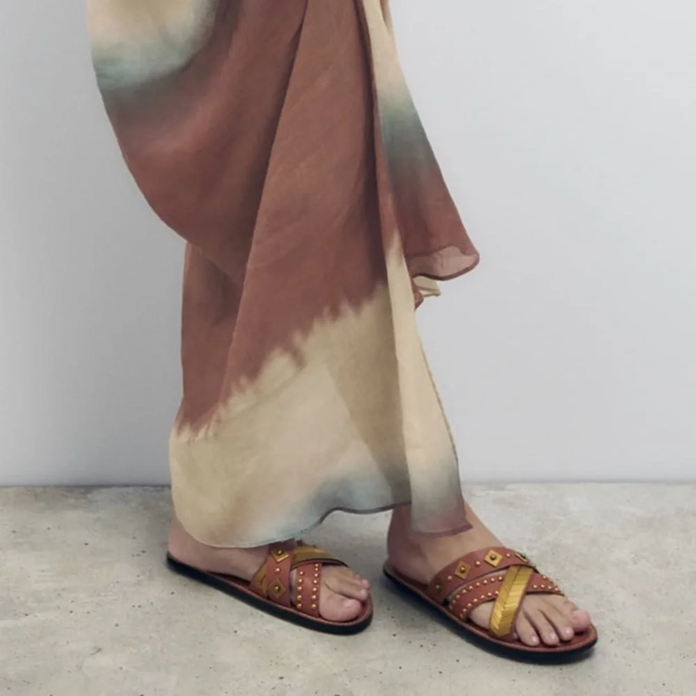 Zara leather sandals gold metallic details made in India - Picture 6 of 8
